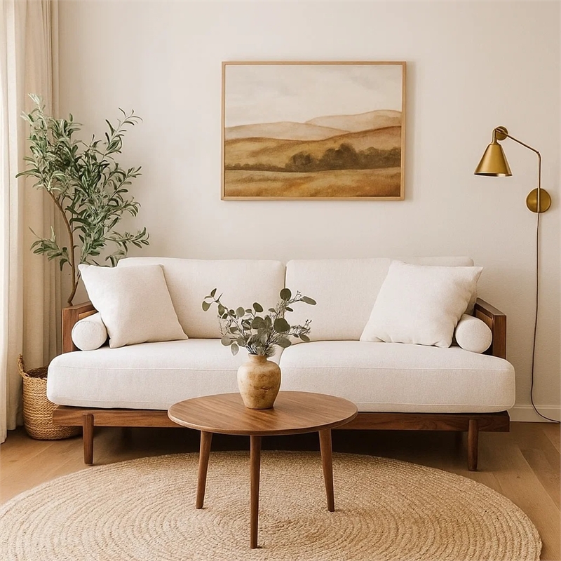 Senu Loveseat- 2 Pillows- Beige Cushion- Walnut Brown Rattan 65 Inch