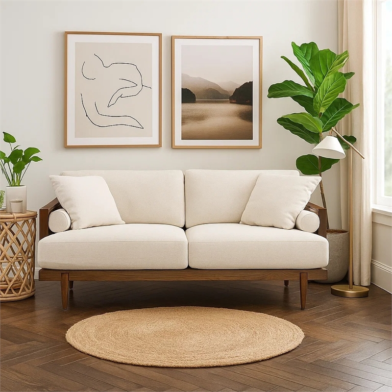 Senu Loveseat- 2 Pillows- Beige Cushion- Walnut Brown Rattan 65 Inch