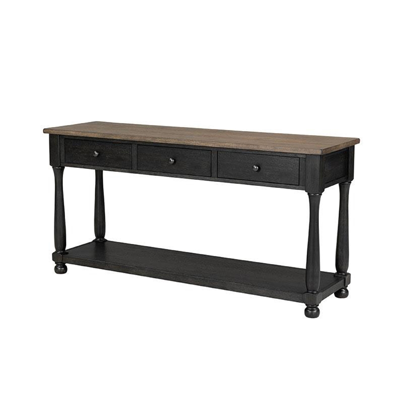 Ginie Sofa Table- 3 Drawers- Black Brown Solid Rubberwood- 60 Inch
