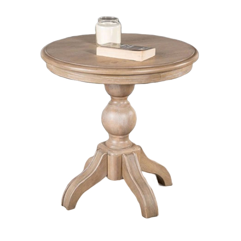 Cherie Round End Table- Light White Washed Solid Rubberwood- 24 Inch
