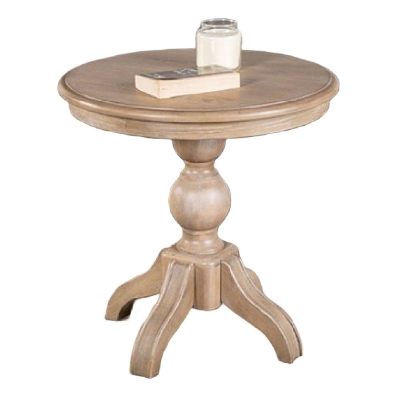 Cherie Round End Table- Light White Washed Solid Rubberwood- 24 Inch