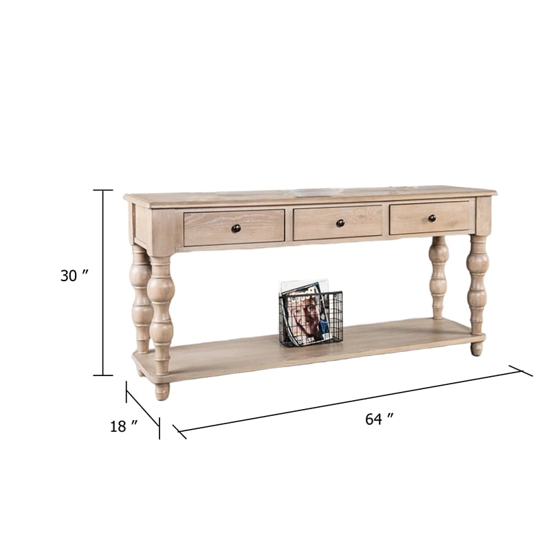 Cherie Sofa Table- 3 Drawers- Shelf- Light White Washed Wood- 64 Inch