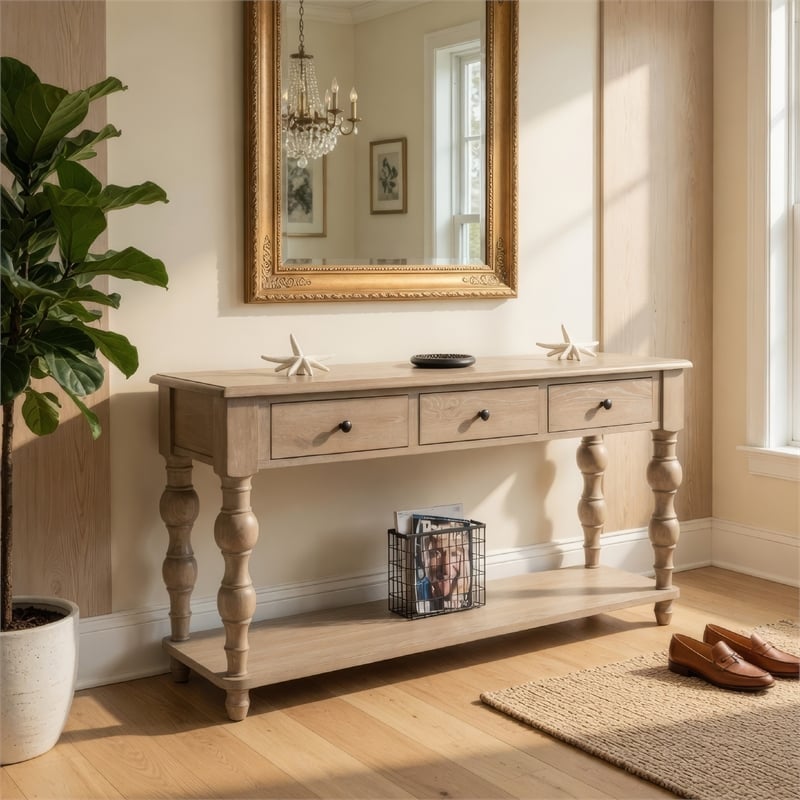 Cherie Sofa Table- 3 Drawers- Shelf- Light White Washed Wood- 64 Inch