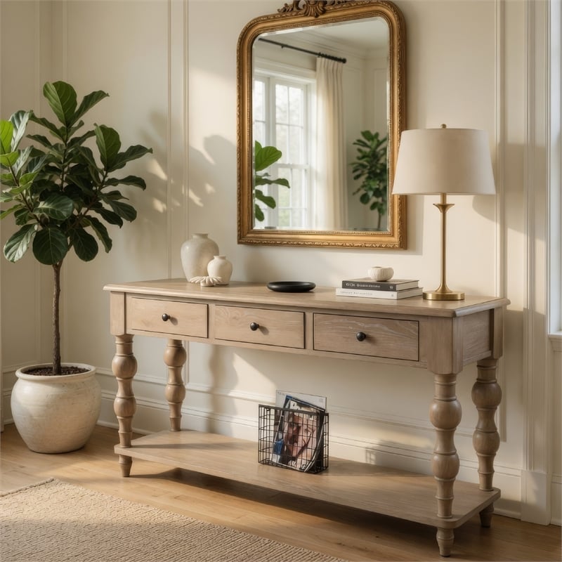 Cherie Sofa Table- 3 Drawers- Shelf- Light White Washed Wood- 64 Inch