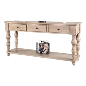 Cherie Sofa Table- 3 Drawers- Shelf- Light White Washed Wood- 64 Inch