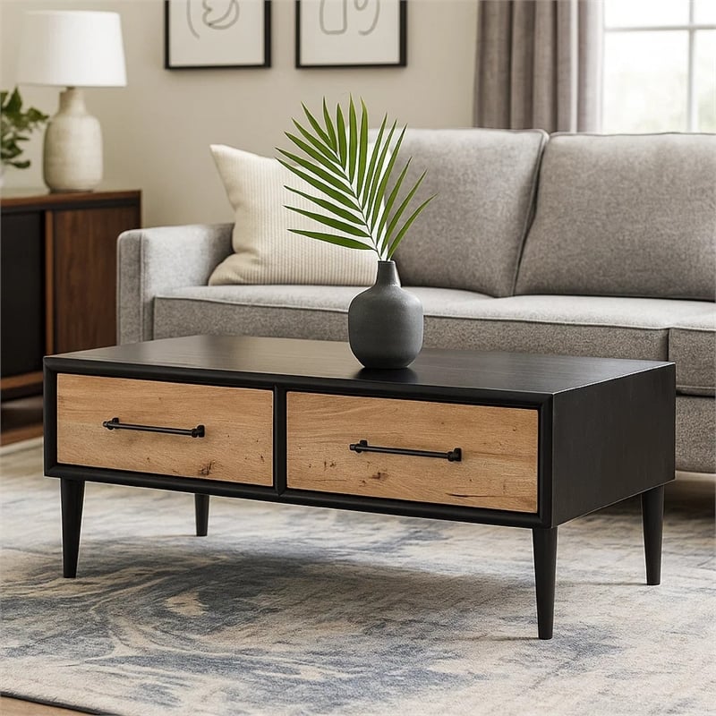 Lucas Coffee Table- 2 Drawers- Brown- Black Solid Rubberwood- 52 Inch