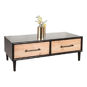 Lucas Coffee Table- 2 Drawers- Brown- Black Solid Rubberwood- 52 Inch