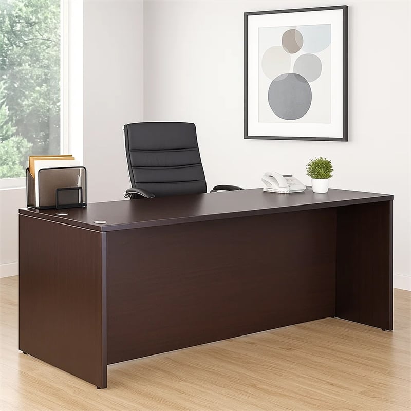 Nea Desk Shell- 71 Inch Reception Top- Panel Legs- Mocha Brown Wood