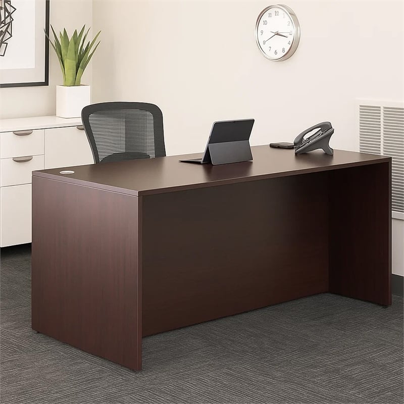 Nea Desk Shell- 71 Inch Reception Top- Panel Legs- Mocha Brown Wood