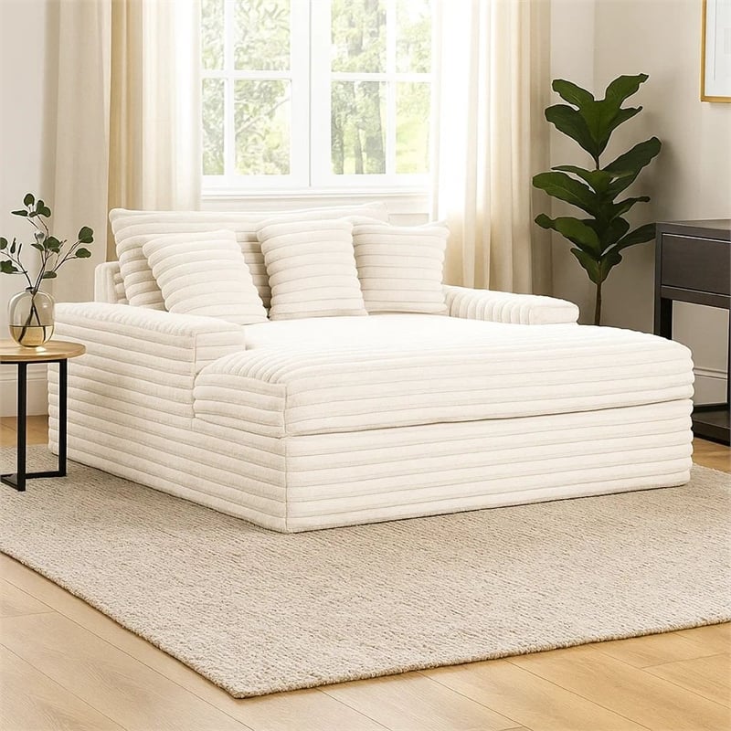 Voyo Oversize Chaise- White Chenille- Track Arms w Cup Holders and USB- 64 Inch