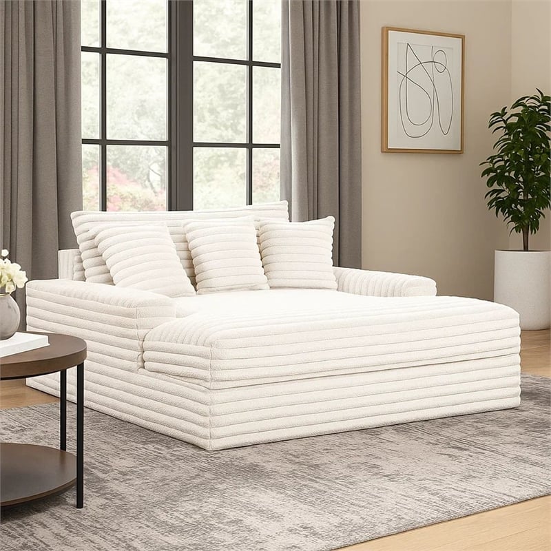 Voyo Oversize Chaise- White Chenille- Track Arms w Cup Holders and USB- 64 Inch