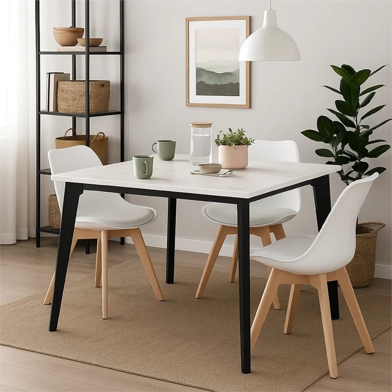 Soa Dining Table- 54 Inch Square White Marble Top- Black Legs