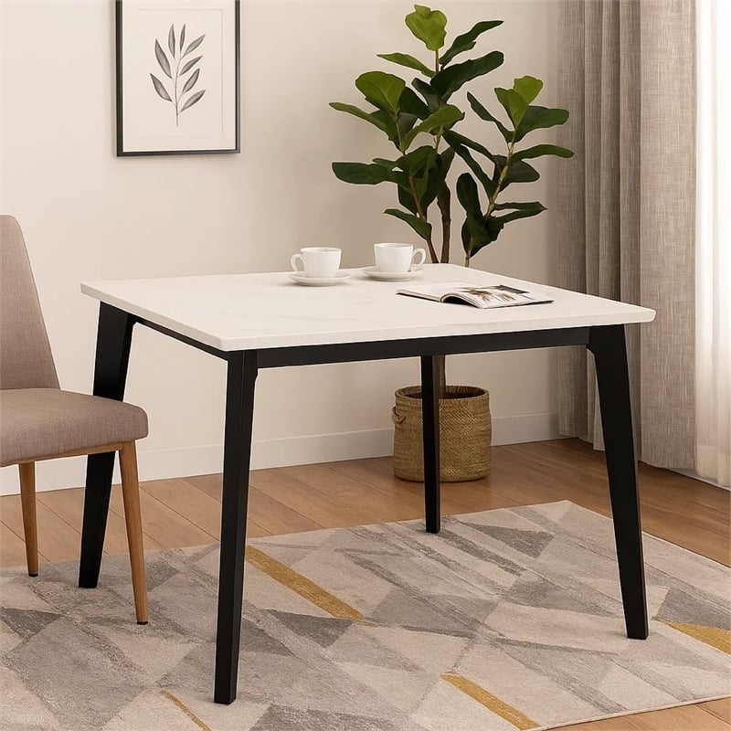 Soa Dining Table- 54 Inch Square White Marble Top- Black Legs