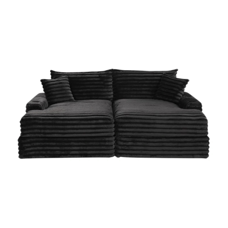 Teya Double Chaise Sofa- 2 Pillows- Black Chenille Upholstery- 94 Inch
