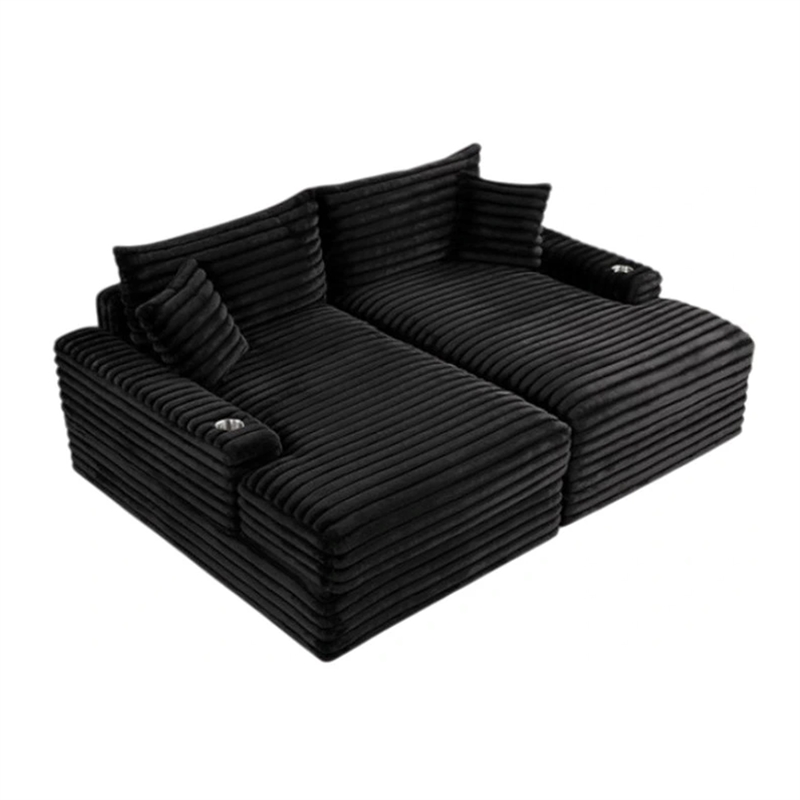 Teya Double Chaise Sofa- 2 Pillows- Black Chenille Upholstery- 94 Inch