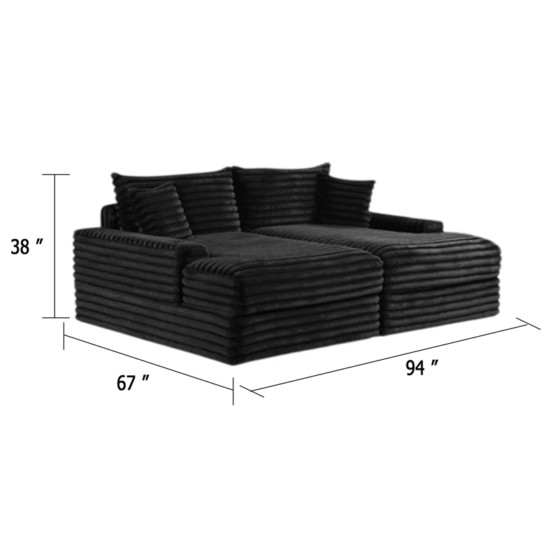 Teya Double Chaise Sofa- 2 Pillows- Black Chenille Upholstery- 94 Inch