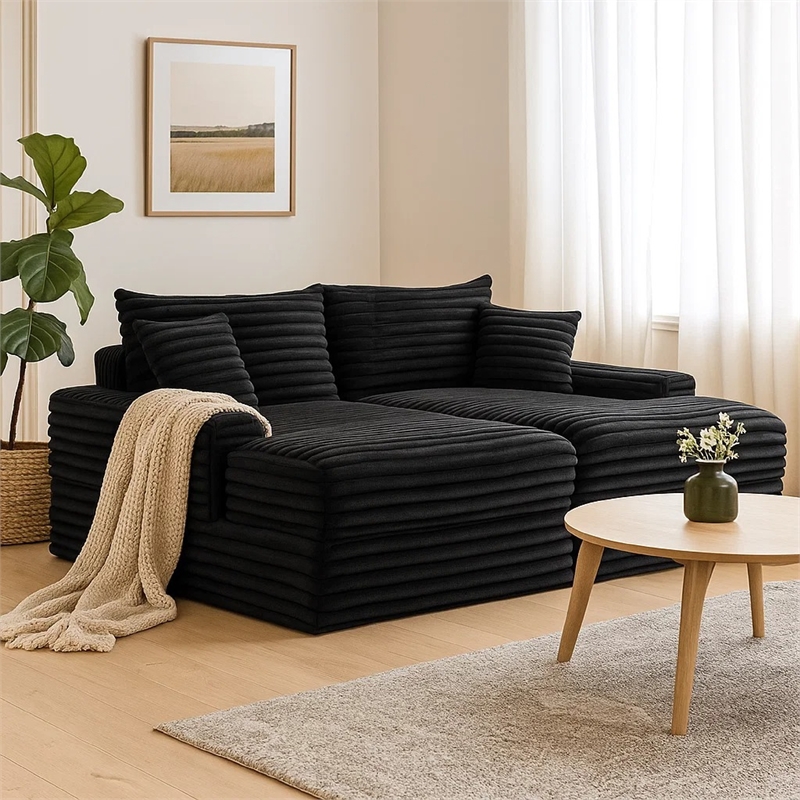Teya Double Chaise Sofa- 2 Pillows- Black Chenille Upholstery- 94 Inch