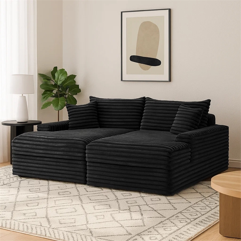 Teya Double Chaise Sofa- 2 Pillows- Black Chenille Upholstery- 94 Inch