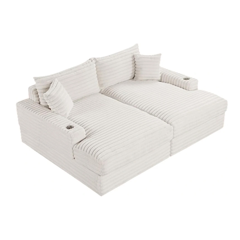 Teya Double Chaise Sofa- 2 Pillows- White Chenille Upholstery- 94 Inch