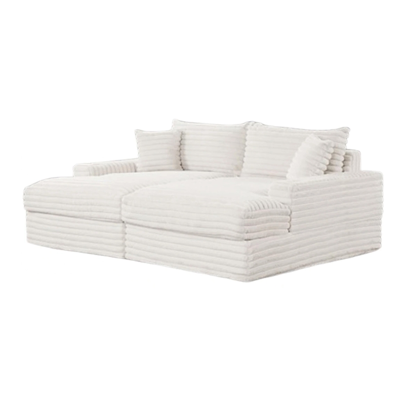 Teya Double Chaise Sofa- 2 Pillows- White Chenille Upholstery- 94 Inch