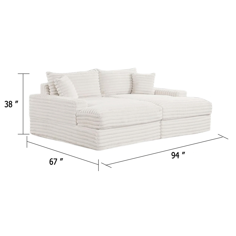 Teya Double Chaise Sofa- 2 Pillows- White Chenille Upholstery- 94 Inch