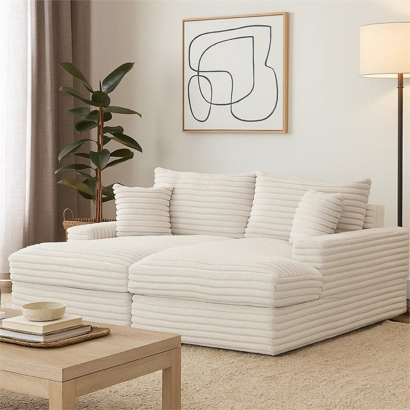 Teya Double Chaise Sofa- 2 Pillows- White Chenille Upholstery- 94 Inch