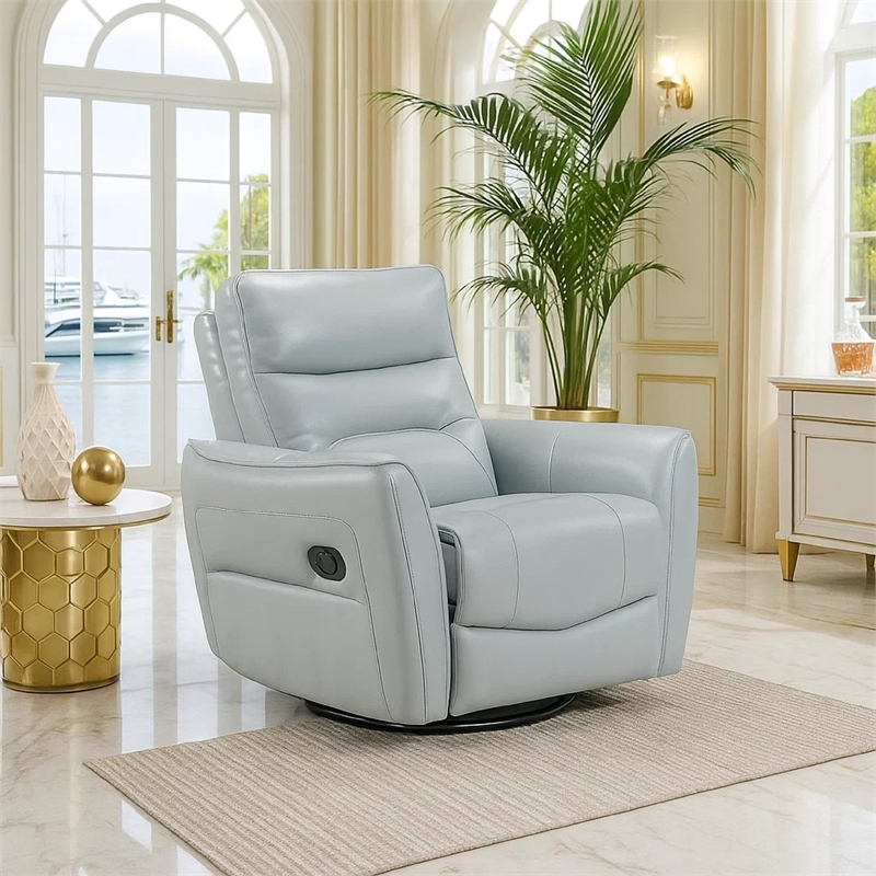 Temy Swivel Glider Manual Reclining Chair- Aqua Blue Top Grain Leather