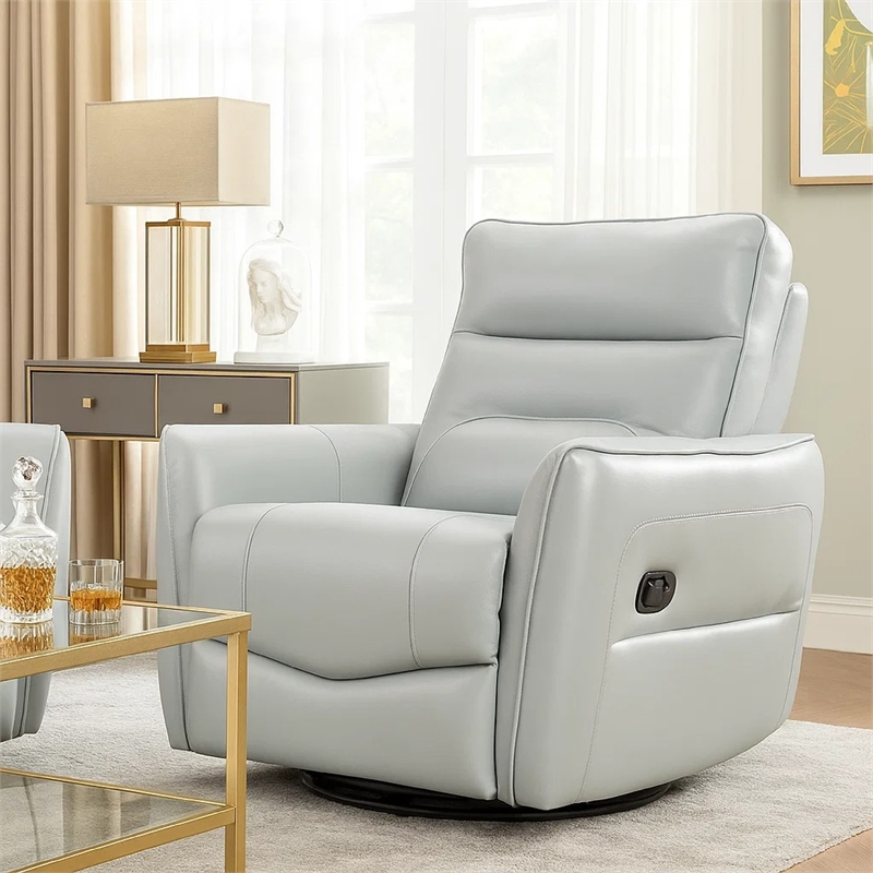 Temy Swivel Glider Manual Reclining Chair- Aqua Blue Top Grain Leather