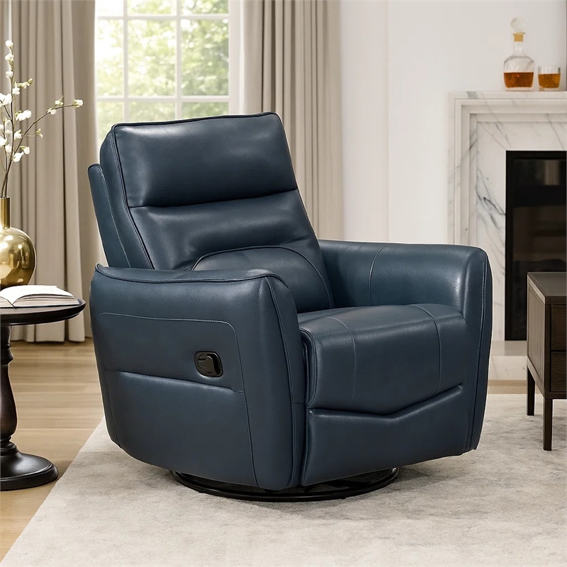 Temy Swivel Glider Manual Reclining Chair- Dark Blue Top Grain Leather