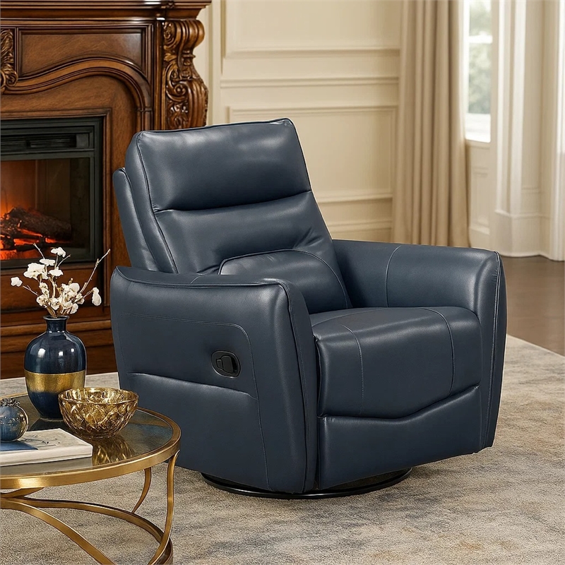 Temy Swivel Glider Manual Reclining Chair- Dark Blue Top Grain Leather