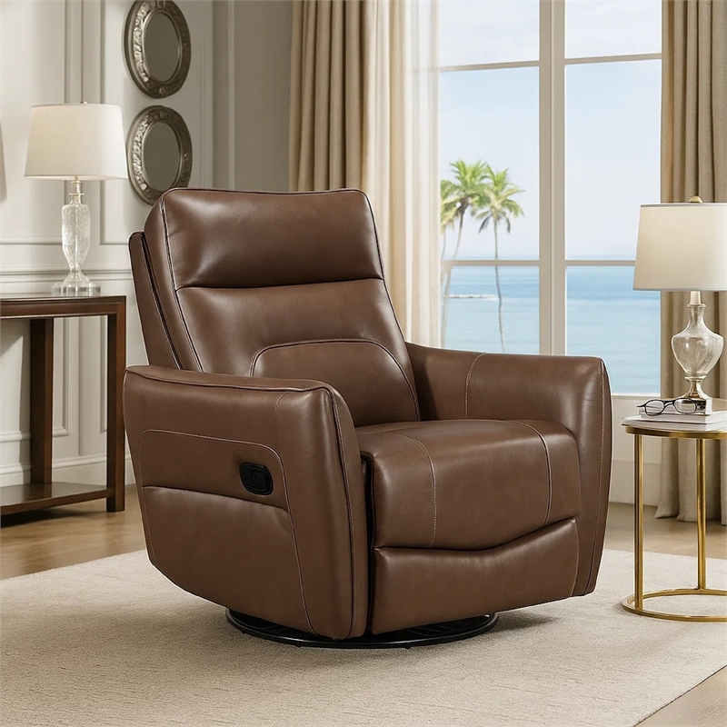 Temy Swivel Glider Manual Reclining Chair- Toffee Brown Grain Leather