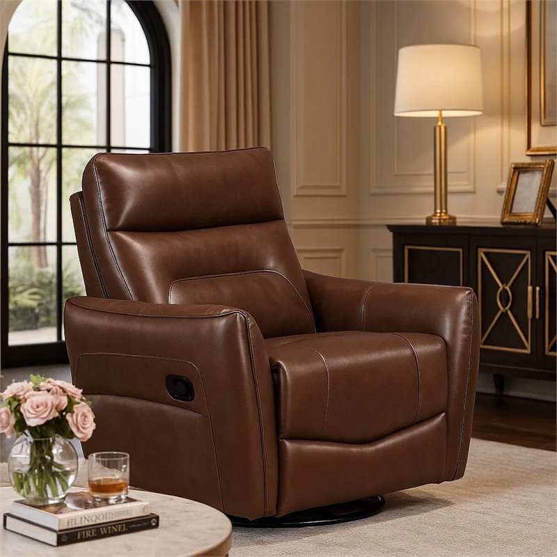 Temy Swivel Glider Manual Reclining Chair- Toffee Brown Grain Leather