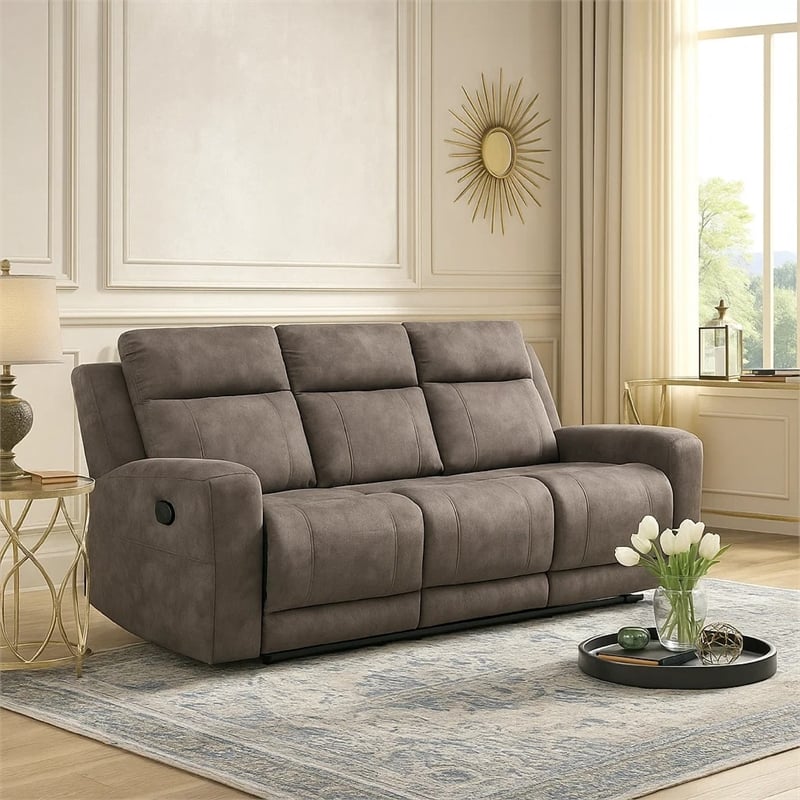 Diti Manual Reclining Sofa- 3 Seater- Soft Brown Polished Microfiber