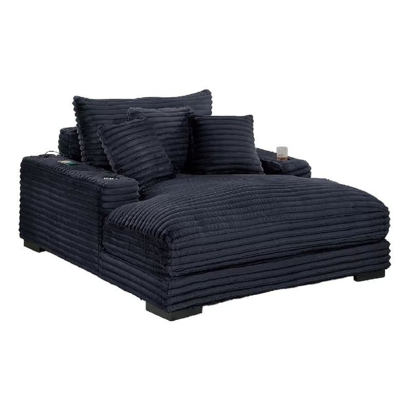 Terra Chaise Lounger- Cup Holder and USB Ports- Black Corduroy Fabric
