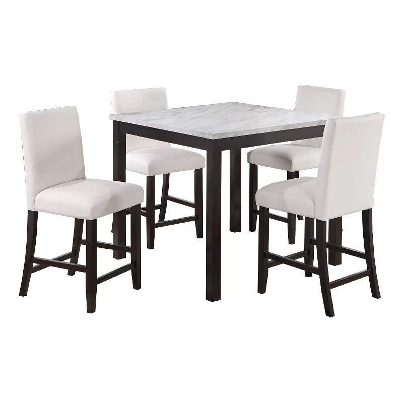 Wesley 5pc Dining Table Set- White Faux-Leather- Faux Marble- Dark Brown