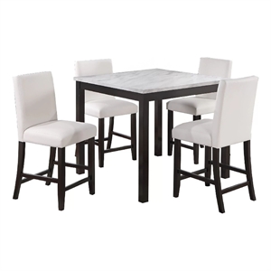 Wesley 5pc Dining Table Set- White Faux-Leather- Faux Marble- Dark Brown