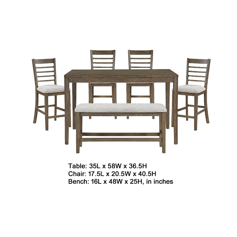 Emy 6pc Counter Height Table Set- 4 White Chairs- Bench- Light Brown