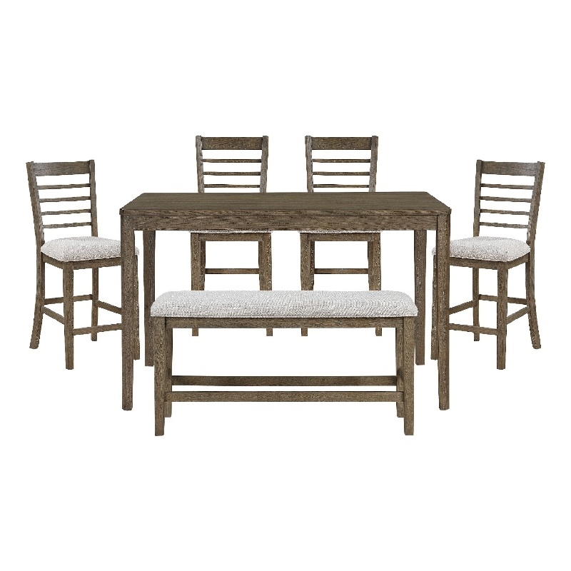 Emy 6pc Counter Height Table Set- 4 White Chairs- Bench- Light Brown