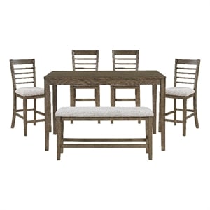 Emy 6pc Counter Height Table Set- 4 White Chairs- Bench- Light Brown