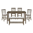 Emy 6pc Counter Height Table Set- 4 White Chairs- Bench- Light Brown
