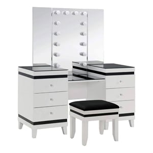 Denna Vanity Set with Stool- Tri-Fold Lighted Mirror- Black Glass Table
