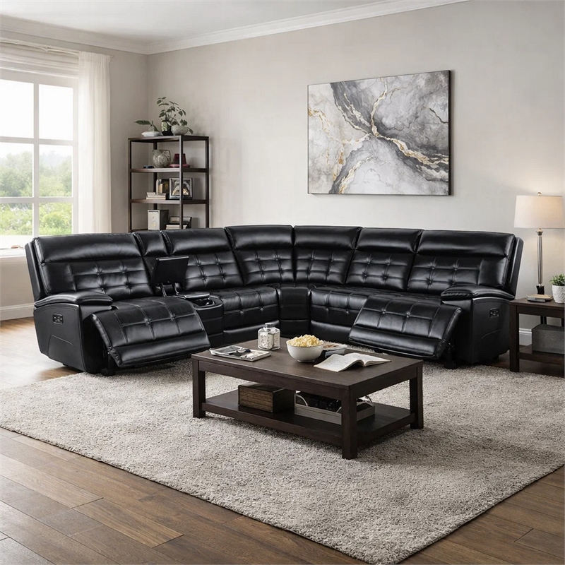Nick 3pc Corner Power Recliner Sofa- 5 Seater- Charger- Cupholders- Black