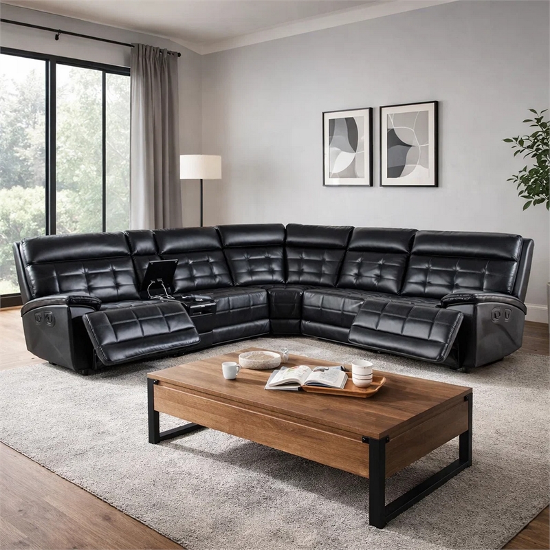 Nick 3pc Corner Power Recliner Sofa- 5 Seater- Charger- Cupholders- Black