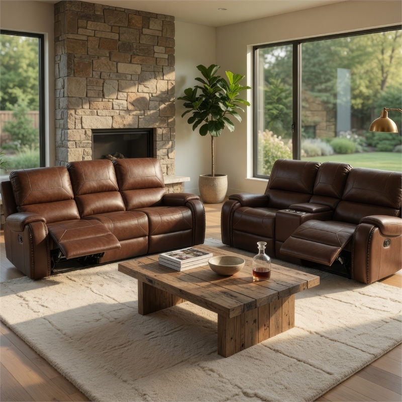 Teli 2pc Manual Reclining Sofa and Loveseat Set- Brown Faux Leather
