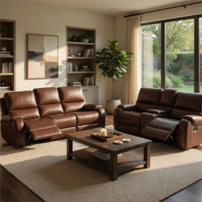 Teli 2pc Manual Reclining Sofa and Loveseat Set- Brown Faux Leather