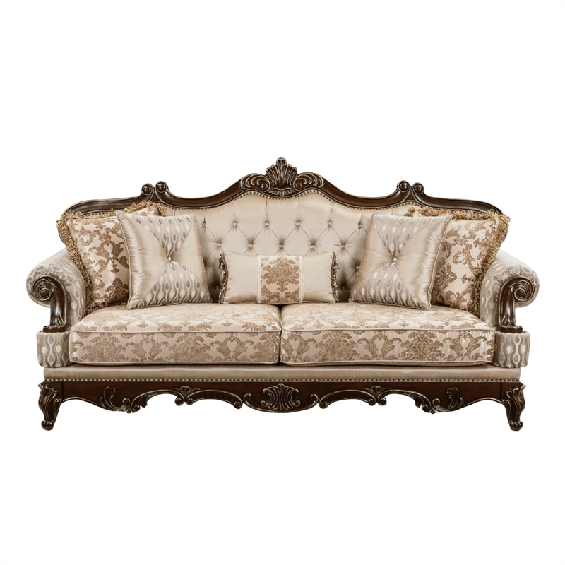 Hesar Sofa- 5 Pillows- Vintage Style Chenille Tufted- Cherry Brown Wood Frame