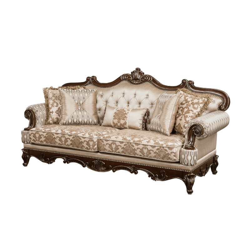 Hesar Sofa- 5 Pillows- Vintage Style Chenille Tufted- Cherry Brown Wood Frame