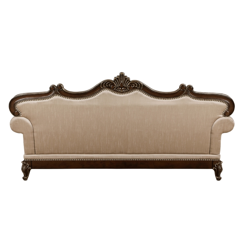 Hesar Sofa- 5 Pillows- Vintage Style Chenille Tufted- Cherry Brown Wood Frame