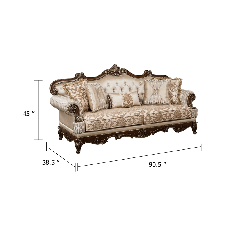Hesar Sofa- 5 Pillows- Vintage Style Chenille Tufted- Cherry Brown Wood Frame