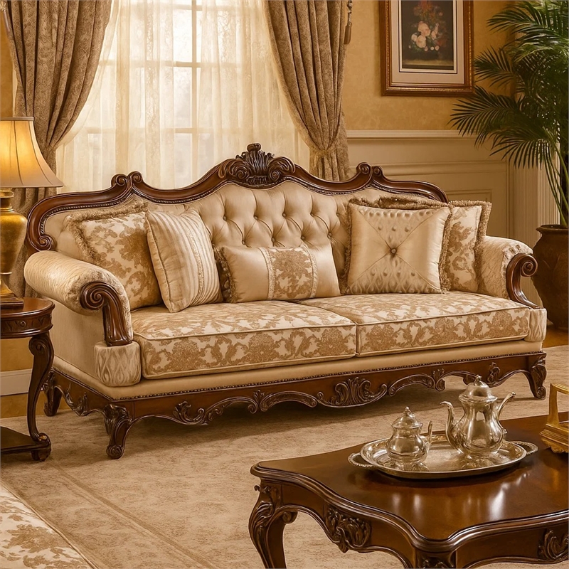 Hesar Sofa- 5 Pillows- Vintage Style Chenille Tufted- Cherry Brown Wood Frame